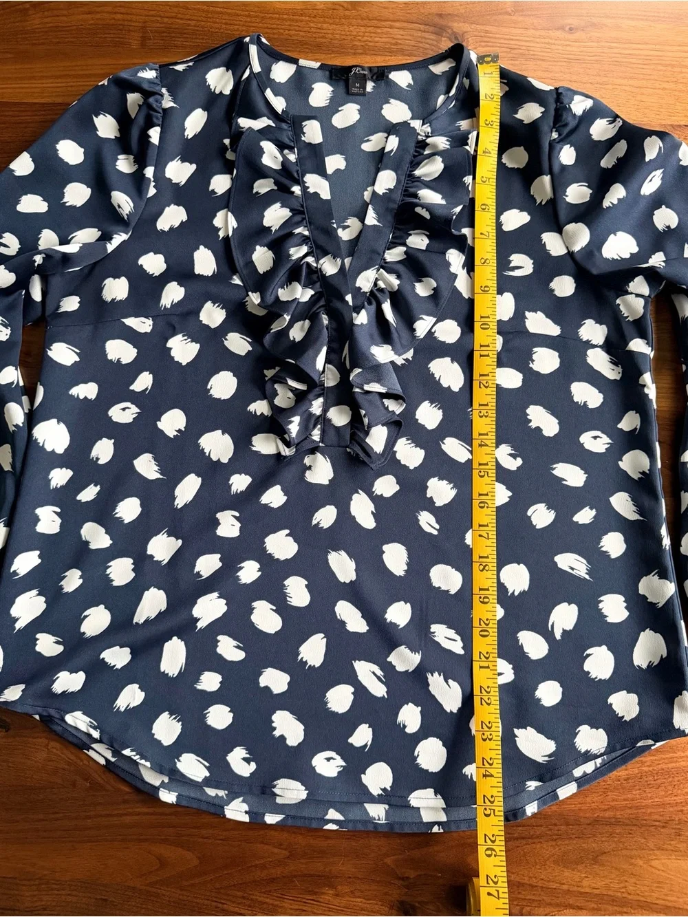 J Crew Ruffle V-Neck Navy Polka Dot Blouse - size medium